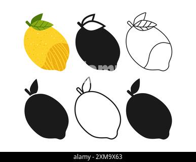 Zeichentrickset mit Zitrussymbol. Ganz reife Zitrone, lineares Kritzelsymbol. Abstrakte kindliche, handgezeichnete Logo-Frucht. Zeichen Zitrus Silhouette Form Kunst. Vektor einfache stilisierte grafische Clipart-Illustration Stock Vektor