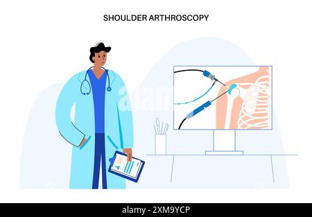 Illustration eines Schulterarthroskopieverfahrens. Dies ist ein Verfahren zur Diagnose und Behandlung von Gelenkproblemen. Ein Chirurg führt einen schmalen Schlauch, der an einer Glasfaser-Videokamera befestigt ist, durch einen kleinen Schnitt ein. Stockfoto
