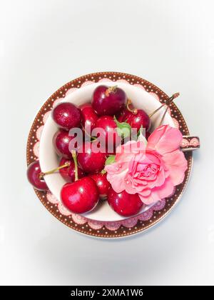 Eine Schüssel gefüllt mit frischen Kirschen und einer rosa Rose auf weißem Hintergrund Stockfoto