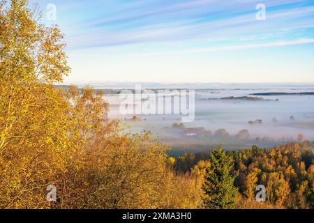 Wunderschöne Aussicht auf eine ländliche Landschaft mit Morgennebel über den Feldern und Herbstfarben auf den Bäumen, Schweden Stockfoto