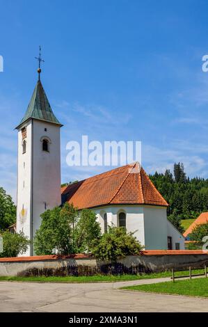 Die um 1500 erbaute Pfarrkirche St. Martin ist ein denkmalgeschütztes Gebäude in Bolsternang, Allgaeu, Bayern Stockfoto