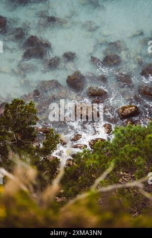 Blick von oben auf eine Küste mit Felsen, Wellen und Bäumen, Cape Reinga, Neuseeland Stockfoto