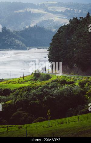 Ein LKW fährt auf einer gewundenen Straße durch eine hügelige Landschaft mit Bäumen und Blick auf ein Gewässer, Coromandel West Coast, Neuseeland Stockfoto