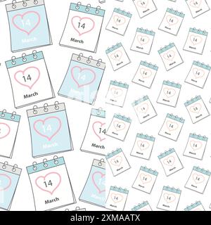 Kalenderseiten mit nahtlosen Mustern, Datum des Weißen Tages 14. März und Herzstrich. 2er-Set. Isolieren. EPS. Vektor für Verpackung, Tapeten, Paket oder Web, Karten, Poster, Etikett mit promotion oder Preis Stock Vektor