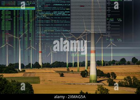 Symbolbild kritische Infrastruktur, Blackout-Risiko, Cyberterrorismus, Windpark südlich von Lichtenau, Ostwestfalen-Lippe, Nordrhein-Westfalen Stockfoto