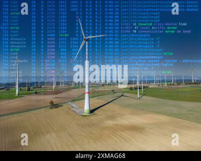 Symbolbild kritische Infrastruktur, Stromausfall-Risiko, Cyberterrorismus, Windpark bei Lichtenau, Windräder, Nordrhein-Westfalen, Deutschland Stockfoto