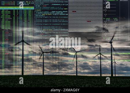 Symbolisches Bild kritische Infrastruktur, Stromausfall-Risiko, Cyberterrorismus, Windpark bei Holzweiler, Stadt Erkelenz, Sturm, starker Wind, Wind Stockfoto