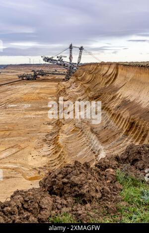 Bagger am Rande des Braunkohlebergwerks Garzweiler II, bei dem Dorf Luetzerath, dem letzten ausgrabenden Dorf, im Landkreis Stockfoto