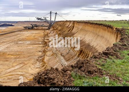 Bagger am Rande des Braunkohlebergwerks Garzweiler II, bei dem Dorf Luetzerath, dem letzten ausgrabenden Dorf, im Landkreis Stockfoto
