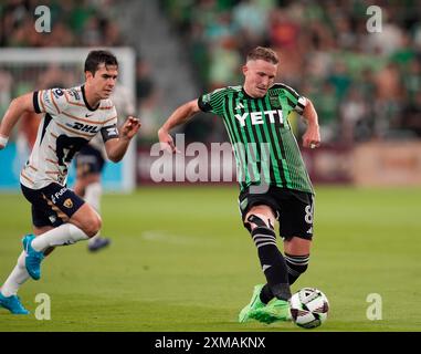 Austin, Texas, USA. Juli 2024. Austin FC Mittelfeldspieler Alexander Ring (8) versucht am 26. Juli 2024 in Austin einen Torschuss während eines Fußballspiels im Liagues Cup gegen Pumas UNAM. Austin gewann mit 3:2. (Kreditbild: © Scott Coleman/ZUMA Press Wire) NUR REDAKTIONELLE VERWENDUNG! Nicht für kommerzielle ZWECKE! Quelle: ZUMA Press, Inc./Alamy Live News Stockfoto