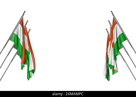 Ziemlich viele Niger-Flaggen hängen an diagonalen Pfosten von links und rechts isoliert auf weiß - jede Feiertagsfahne 3D-Illustration Stockfoto