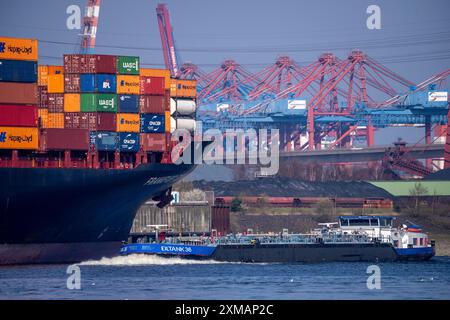 Container-Terminal-Altenwerder, Hapag-Lloyd-Containerschiffe Frankfurt Express beim Be- und Entladen, Chemiefrachter, Binnenschiff, Schnelltank Stockfoto