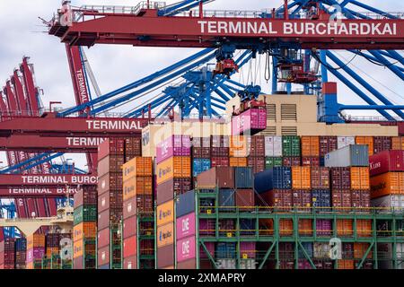 HMM Nuri Containerfrachter am HHLA Containerterminal Burchardkai im Waltershofer Hafen, beladen, Kapazität bis 16000 TEU, Hamburg Stockfoto