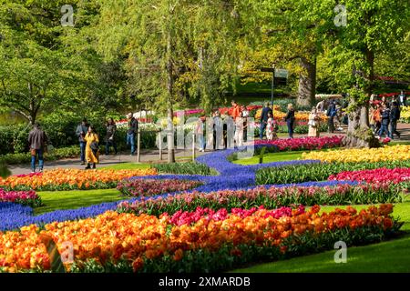 Der Keukenhof, Gärten, Vergnügungspark, Frühlingspark, Frühlingsblumenshow, in der Nähe von Lisse, Südholland, Niederlande, Tulpen-, Narzissen- und Hyazinthen-Show Stockfoto