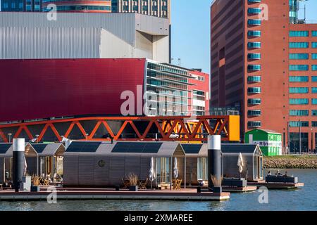 Ferienhäuser Wikkelboat, Floating Rotterdam Rijnhaven, schwimmende Holzhäuser, zu vermieten, im Bezirk Kop van Zuid, Niederlande, Rijnhaven Stockfoto