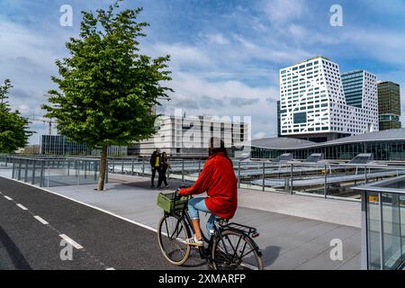 Utrecht, Niederlande, die Moreelse brug, Fußgänger- und Radfahrerbrücke über die Gleise von Utrecht Centraal, Hauptbahnhof, Rabobank Stockfoto