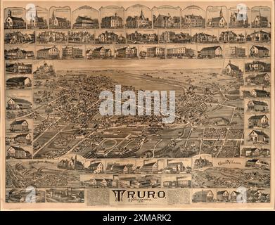 Vintage-Panoramakarte, Luftaufnahme, der historischen Stadt Truro, Nova Scotia, Kanada CA 1889. Beilagen zeigen die wichtigsten Gebäude und Unternehmen. Stockfoto