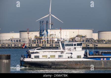 Große Öltanks am MaasvlakteOlie Terminal N.V., im Yangtzekanaal, Maasvlakte 2, Rotterdam, Niederlande Stockfoto