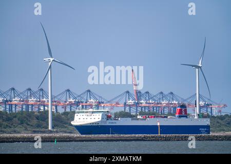 RoRo Fähre Jutlandia Meer, Blick vom Hoek van Holland auf die Hafeneinfahrt zum Maasvlakt, Rotterdam und Nieuwe Waterweg, Maas Stockfoto