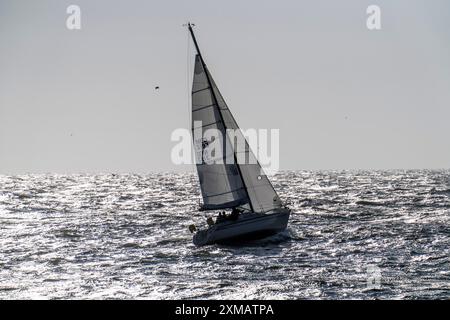 Das Segelboot verlässt den Hafen von Scheveningen, Niederlande Stockfoto