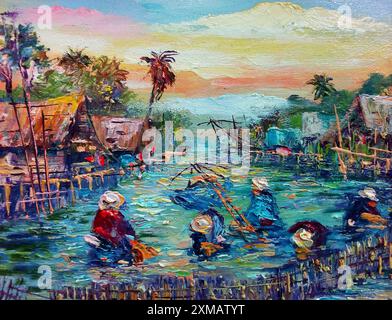 Professioneller Künstler handgemalt Original Impressionismus Meisterwerke Maler Kunst Malerei Ölfarbe ländliches Leben Hand Angeln Farmer Landschaft Blick Stockfoto
