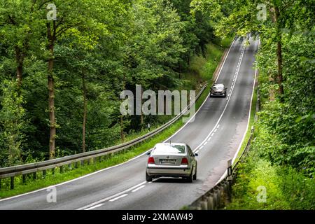 Landstraße durch einen Wald, bei Hofgeismar, in Hessen, Deutschland Stockfoto