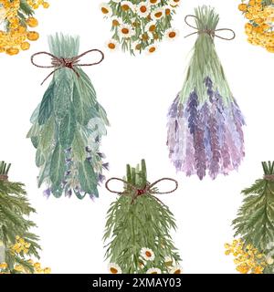 Zitronenmelisse, Lavendel, Blaue tansy, Heidelbeere, Hüftrose, Kamillenbündel Aquarellmuster isoliert auf weiß. Hochwertige handgezeichnete Kunst Stockfoto