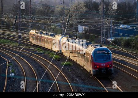 Regionalschnellzug auf den Gleisen, Gleisanordnung, Bahnstrecke westlich des Essener Hauptbahnhofs, Nordrhein-Westfalen, Deutschland Stockfoto