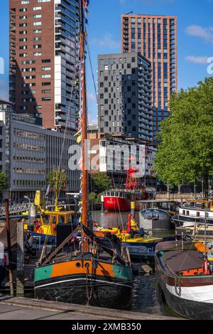 Das Maritime Museum, Außenbereich im Leuvehaven, in Rotterdam, viele alte Schiffe, Boote, Exponate aus dem maritimen Sektor, Niederlande Stockfoto