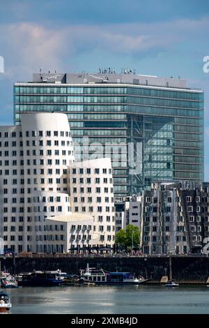 Neuer Zollhof-Gebäudekomplex, die Gehry-Gebäude, am Medienhafen, hinter dem Stadttor, Düsseldorf, Nordrhein-Westfalen Stockfoto