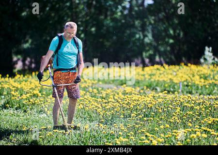 Ein Mann in kurzen Hosen schneidet Löwenzahn mit einem Unkrautschneider für Benzinleinen und verstößt damit gegen die Sicherheitsvorschriften. Stockfoto