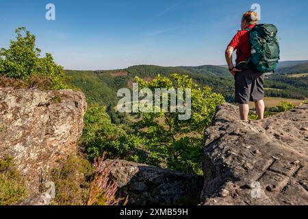 Eugenienstein, Blick ins Rurtal, Landschaft entlang der roten Sandsteinstraße, in der Rureifel, bei Nideggen, Bezirk Dueren, Norden Stockfoto