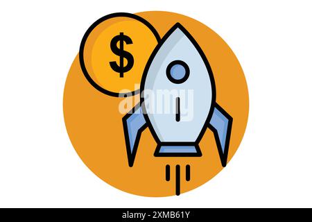 Start-Symbol. Rakete mit Dollar. Symbol für Unternehmensstart. Symbolstil für farbige Umrisse. Vektorillustration für Geschäftselemente Stock Vektor