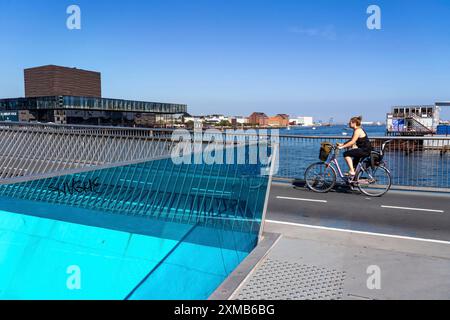 Radfahrer auf der Inderhavnsbroen Fahrrad- und Fußwegsbrücke über den Hafen in Nyhavn, Kopenhagen, gilt als die Radfahrerhauptstadt der Welt, 45 Stockfoto