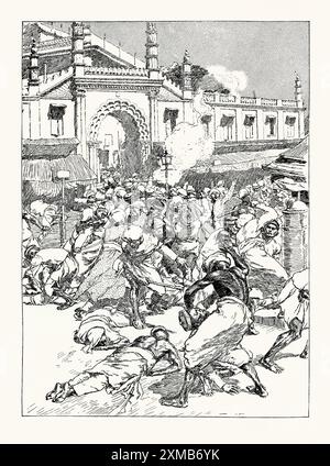 Eine alte Gravur der Aufstände zwischen Hindus und Muslimen in Bombay (Mumbai), Indien im Jahr 1893. Es stammt aus einem viktorianischen Geschichtsbuch aus dem jahr 1900. Im August 1893 brach der erste Aufstand aus, nachdem Musik in einem Hindutempel gespielt wurde. Einige zeitgenössische Berichte deuten darauf hin, dass 75 Menschen getötet wurden. Die Armee musste gerufen werden, um sie zu beenden. Die Rückeroberung öffentlicher Plätze mit Festfesten, Uneinigkeit über Kuhschlacht, Streitigkeiten über Musikspiele in der Nähe religiöser Orte, der Bau von Gebetshallen, Moscheen, Tempeln und Gräbern verursachten Spaltungen zwischen Hindus und Muslimen und lösten Gewalt aus. Stockfoto