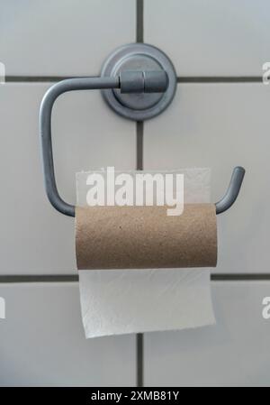 Letztes Blatt von WC-Papier auf einer Rolle Toilettenpapier Stockfoto