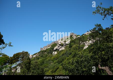 Niedriger Blick auf Castelo dos Mouros (Burg der Mauren) unter einem klaren blauen Himmel - Sintra, Portugal Stockfoto