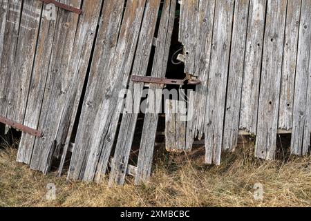 Alte, verfaulte, baufällige, kaputte Scheunentür im Arnsberger Wald, Sauerland, Nordrhein-Westfalen, Deutschland Stockfoto
