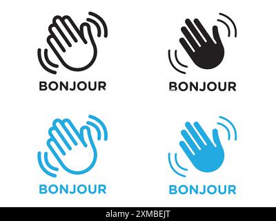 Bonjour Text mit Hand Wave Symbol Vektorlinie Logo oder Symbol Set Kollektion Outline Style Stock Vektor