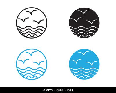 Meer mit Möwe Icon Vektorlinie Logo-Zeichen oder Symbol Set Kollektion Outline Style Stock Vektor