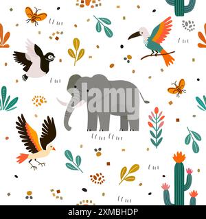 Vektor kindisch, Babys nahtlose Musterillustration mit niedlichen Zeichentricktieren, Pflanzen. Elefantenvögel Cactus Tree Africa Savannah Safari Wildlife Stock Vektor