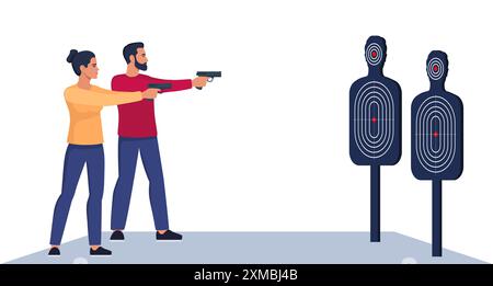 Fokussierte Männer und Frauen üben Schießfähigkeiten in der Indoor Range. Charaktere In Gehörschutz Stehen Selbstbewusst Und Zielen Mit Pistolen Auf Das Ziel. Vektoril Stock Vektor