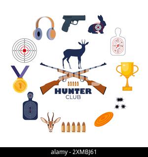 Logo des Jagdvereins mit gekreuzten Gewehren. Zubehör für Aufnahmen. Ziel, Gewehr, Kugeln, Kopfhörer, Goldbecher, Medaille, auf Ton schießen. Vektor Stock Vektor