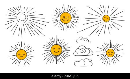 Untergehende Sonne und Wolken kritzeln, Zeichentrickzeichnung Stock Vektor