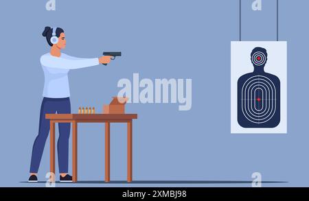Fokussierte Frau, Die Schießfähigkeiten In Indoor Range Übt. Die Weibliche Figur Im Gehörschutz Steht Selbstbewusst Und Zielt Mit Der Pistole Auf Target. Vektorillus Stock Vektor