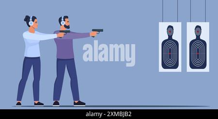 Fokussierte Männer und Frauen üben Schießfähigkeiten in der Indoor Range. Charaktere In Gehörschutz Stehen Selbstbewusst Und Zielen Mit Pistolen Auf Das Ziel. Vektoril Stock Vektor