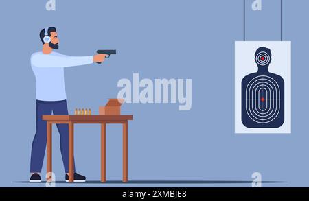 Fokussierter Mann, Der Schießfähigkeiten In Der Halle Übt. Der Männliche Charakter Im Gehörschutz Steht Selbstbewusst Und Zielt Mit Der Pistole Auf Target. Vektorillustrat Stock Vektor