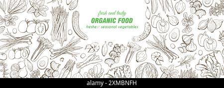 Gemüse handgezeichnet Vintage-Rahmen Hintergrund. Vegetarische Lebensmittel Rahmen Vektor Illustration für Menü, Banner, Etikett, Logo, Flyer Stock Vektor
