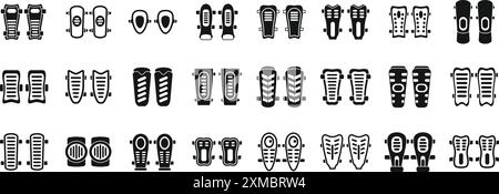 Schienbeinschoner-Symbole eingestellt. Fußball-Fußball-Schutzausrüstung Schienbeinschützer Symbole in schlichtem Stil Stock Vektor
