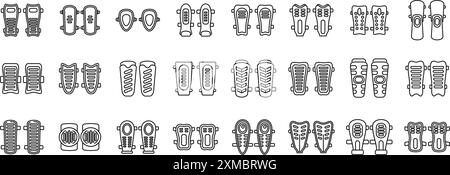 Schienbeinschoner-Symbole eingestellt. Sammlung dünner Symbole, die verschiedene Arten von Fußball-Schienbeinschoner darstellen und die Sicherheit und Leistung des Spielers betonen Stock Vektor